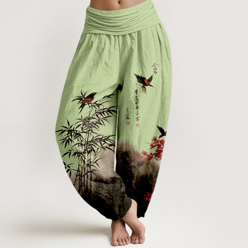 Buddha Stones Pantaloni harem da donna con elastico in vita, in cotone, con motivo floreale e uccelli di bambù - Verde chiaro - US16, UK/AU20, EU48 (3XL) - image 5