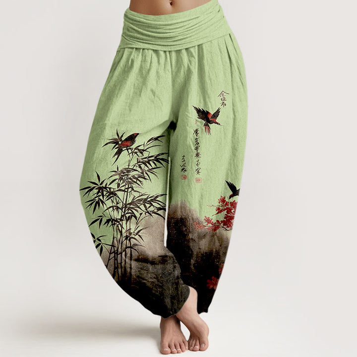 Buddha Stones Pantaloni harem da donna con elastico in vita, in cotone, con motivo floreale e uccelli di bambù - Verde chiaro - US16, UK/AU20, EU48 (3XL) - image 5