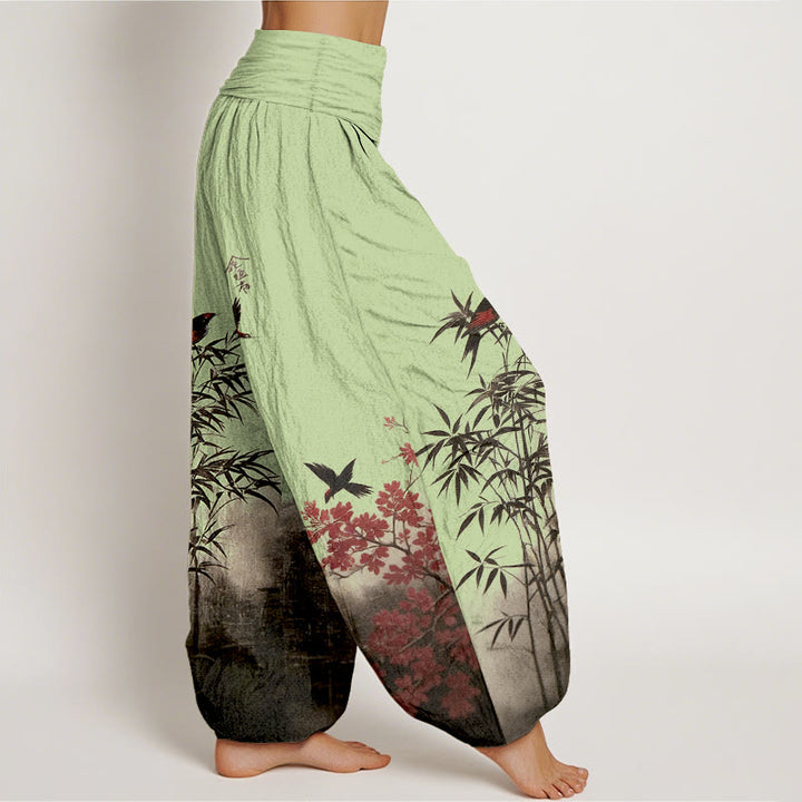 Buddha Stones Pantaloni harem da donna con elastico in vita, in cotone, con motivo floreale e uccelli di bambù - image 7