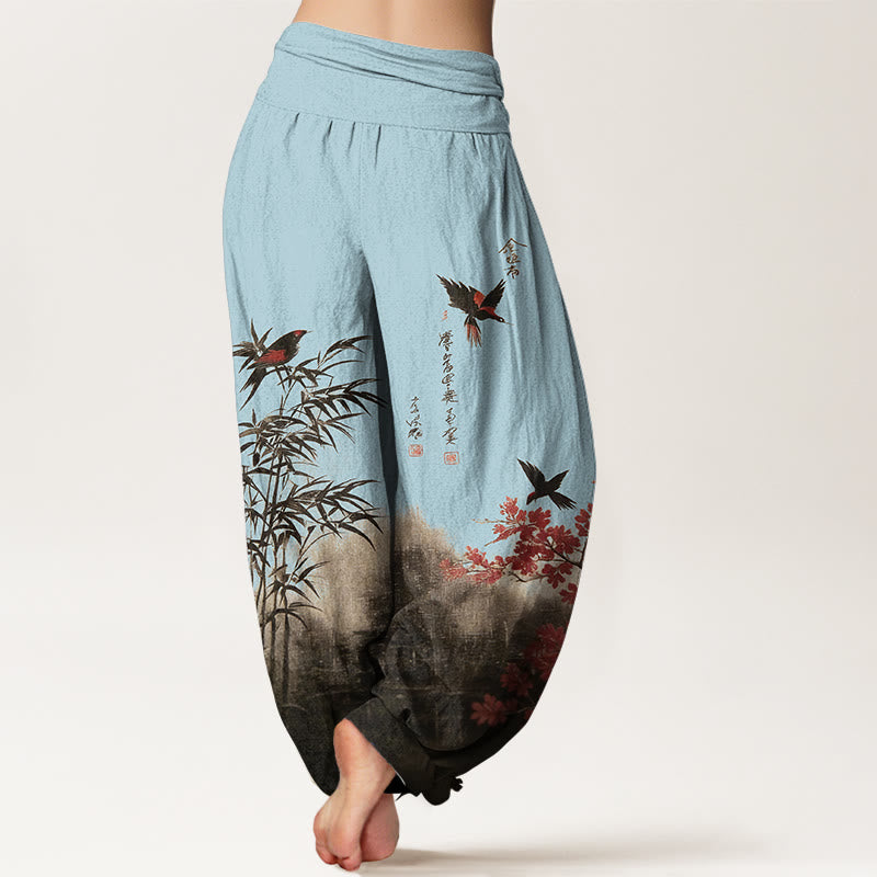 Buddha Stones Pantaloni harem da donna con elastico in vita, in cotone, con motivo floreale e uccelli di bambù - image 9