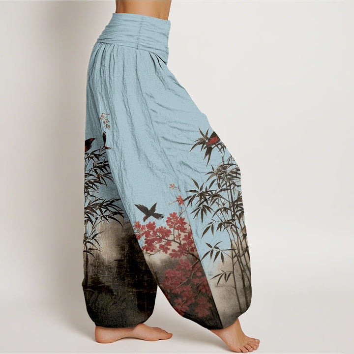 Buddha Stones Pantaloni harem da donna con elastico in vita, in cotone, con motivo floreale e uccelli di bambù - image 10