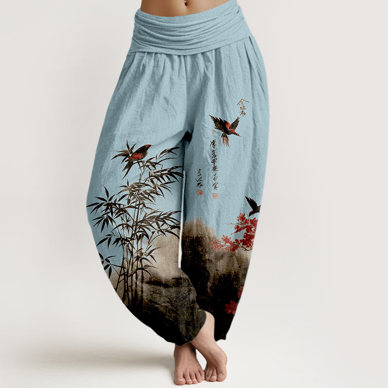 Buddha Stones Pantaloni harem da donna con elastico in vita, in cotone, con motivo floreale e uccelli di bambù - Azzurro cielo chiaro - US16, UK/AU20, EU48 (3XL) - image 8