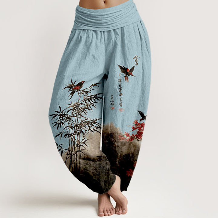 Buddha Stones Pantaloni harem da donna con elastico in vita, in cotone, con motivo floreale e uccelli di bambù - Azzurro cielo chiaro - US16, UK/AU20, EU48 (3XL) - image 8