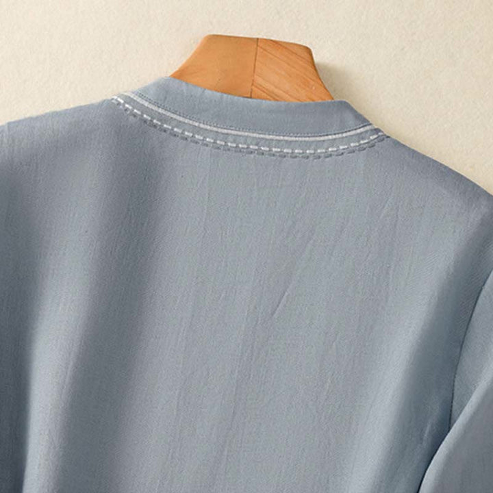 Buddha Stones Camicia da donna in cotone con colletto alto, manica corta, tinta unita, bottoni a rana e tasca - image 9