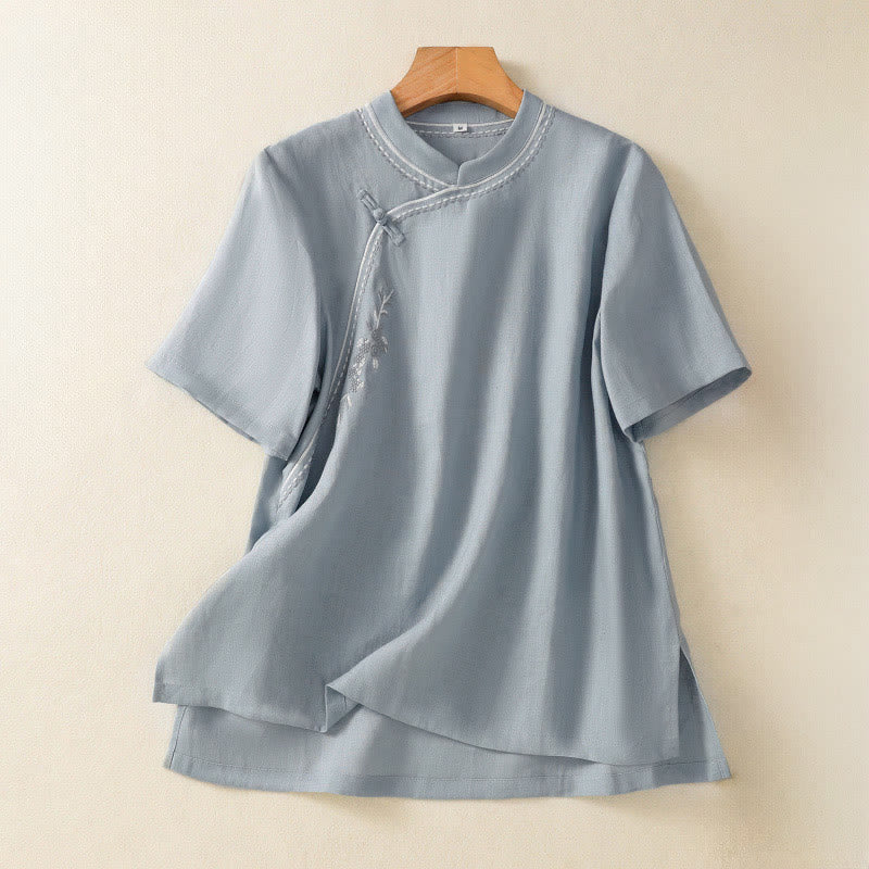 Buddha Stones Camicia da donna in cotone con colletto alto, manica corta, tinta unita, bottoni a rana e tasca - BluAcciaioChiaro - US8-10, UK/AU12-14, EU40-42 (2XL) - image 0