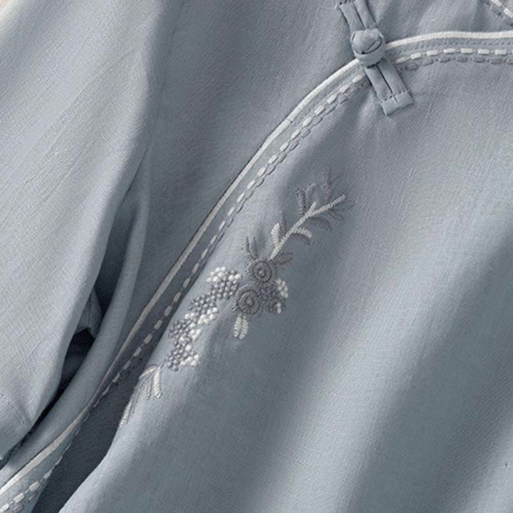 Buddha Stones Camicia da donna in cotone con colletto alto, manica corta, tinta unita, bottoni a rana e tasca - image 6