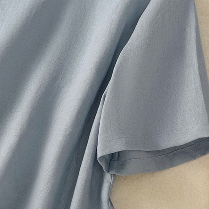 Buddha Stones Camicia da donna in cotone con colletto alto, manica corta, tinta unita, bottoni a rana e tasca - image 5