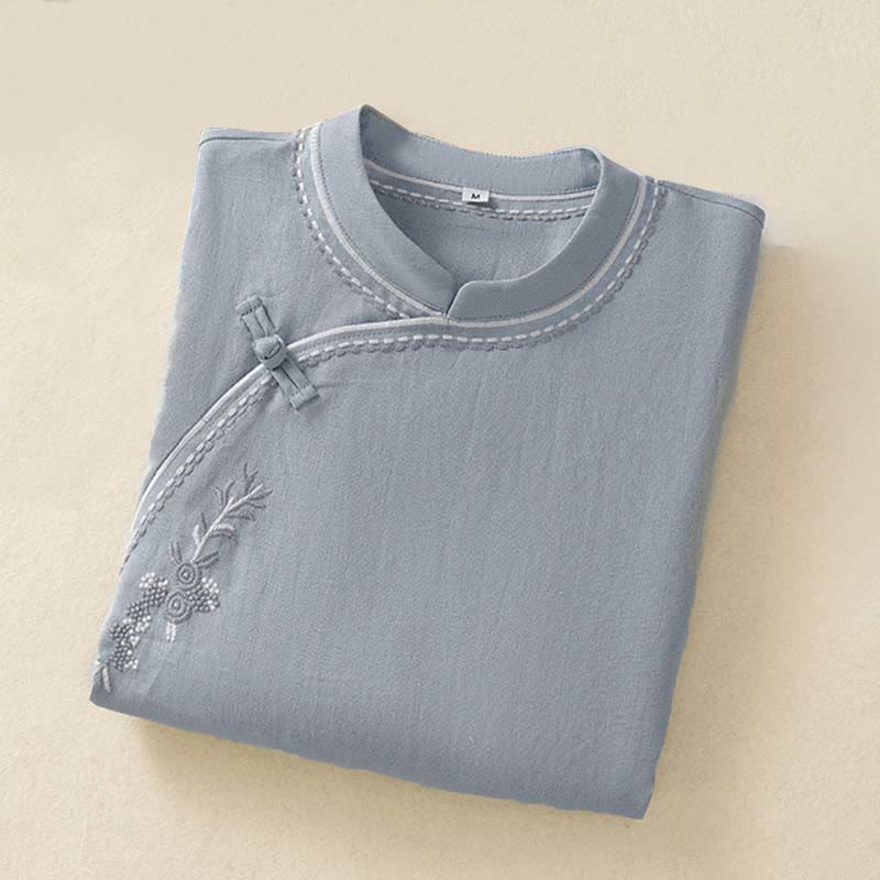 Buddha Stones Camicia da donna in cotone con colletto alto, manica corta, tinta unita, bottoni a rana e tasca - image 1