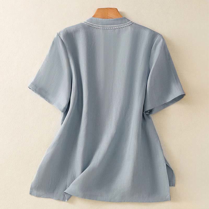 Buddha Stones Camicia da donna in cotone con colletto alto, manica corta, tinta unita, bottoni a rana e tasca - image 2