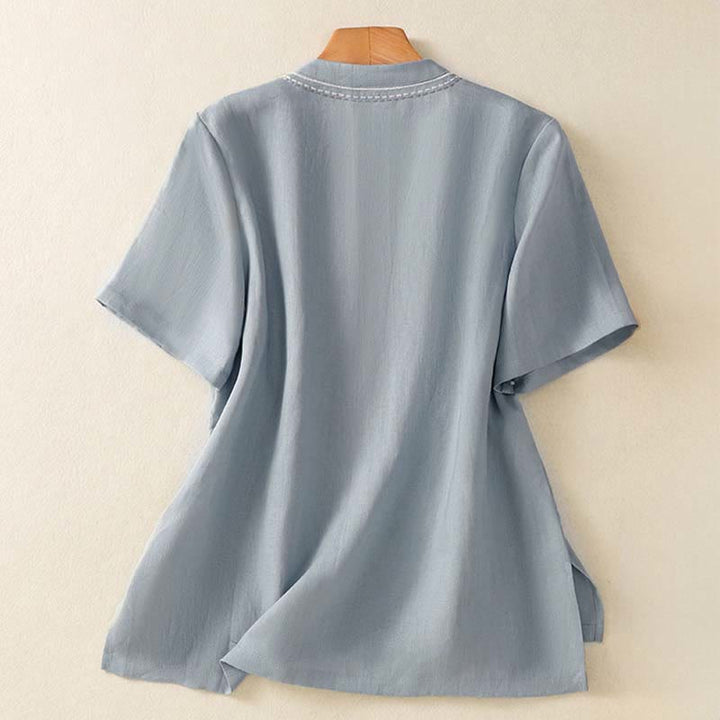 Buddha Stones Camicia da donna in cotone con colletto alto, manica corta, tinta unita, bottoni a rana e tasca - image 2