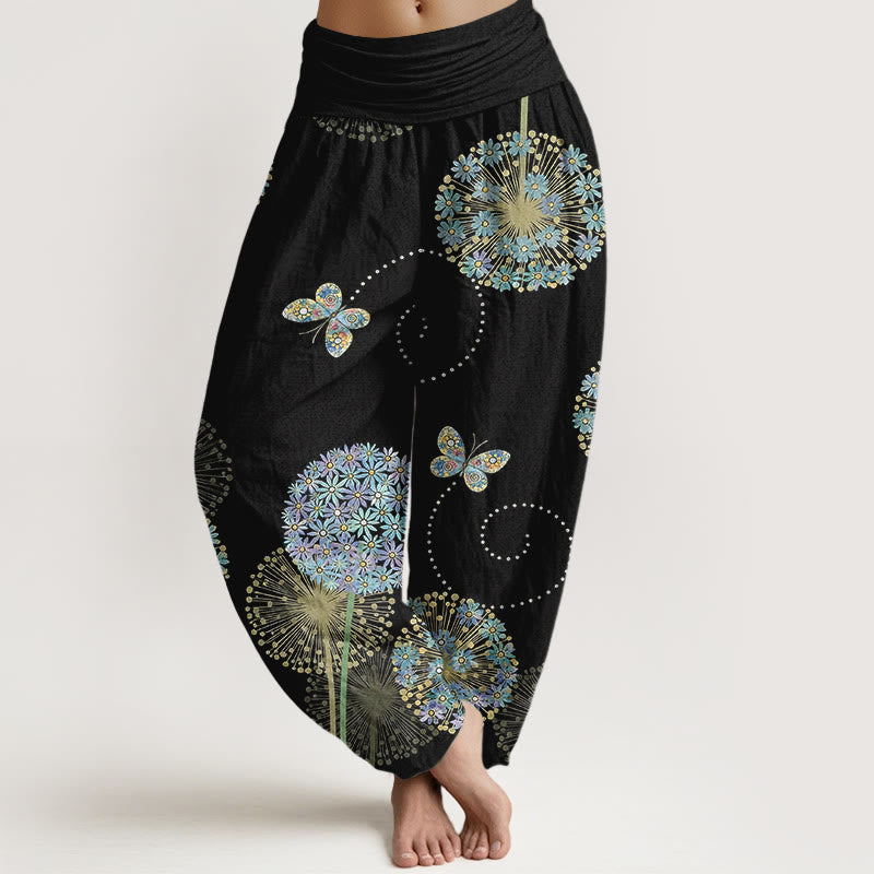 Buddha Stones Pantaloni harem da donna in cotone con elastico in vita e motivo a farfalla e tarassaco da sogno - Nero - US16, UK/AU20, EU48 (3XL) - image 0