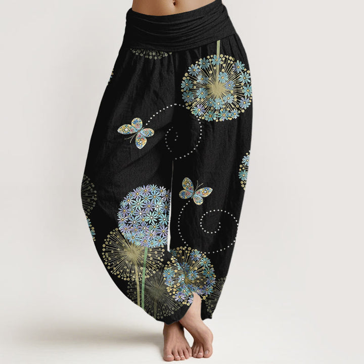 Buddha Stones Pantaloni harem da donna in cotone con elastico in vita e motivo a farfalla e tarassaco da sogno - Nero - US16, UK/AU20, EU48 (3XL) - image 0