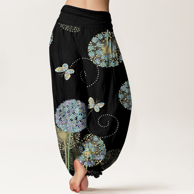 Buddha Stones Pantaloni harem da donna in cotone con elastico in vita e motivo a farfalla e tarassaco da sogno - image 1