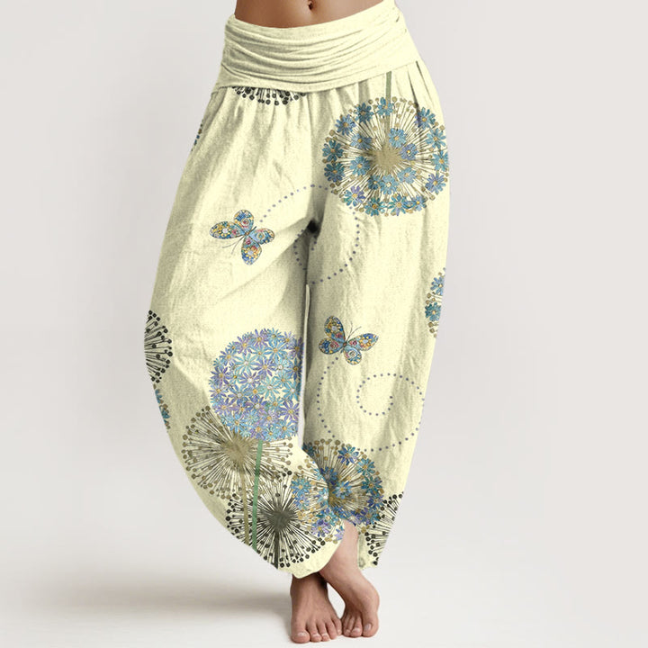 Buddha Stones Pantaloni harem da donna in cotone con elastico in vita e motivo a farfalla e tarassaco da sogno - LemonChiffon - US16, UK/AU20, EU48 (3XL) - image 5