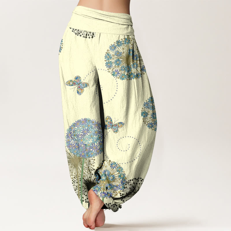 Buddha Stones Pantaloni harem da donna in cotone con elastico in vita e motivo a farfalla e tarassaco da sogno - image 6