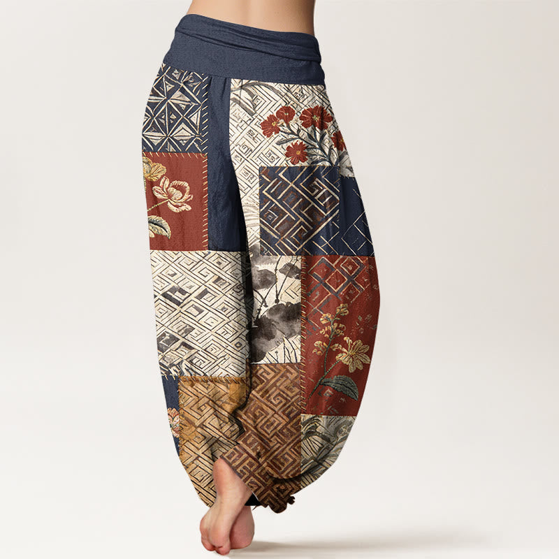 Buddha Stones Pantaloni harem da donna con elastico in vita e motivo geometrico floreale in cotone color block - image 1