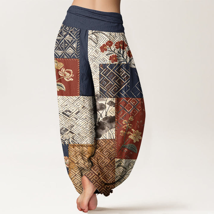 Buddha Stones Pantaloni harem da donna con elastico in vita e motivo geometrico floreale in cotone color block - image 1