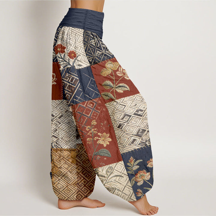 Buddha Stones Pantaloni harem da donna con elastico in vita e motivo geometrico floreale in cotone color block - image 2