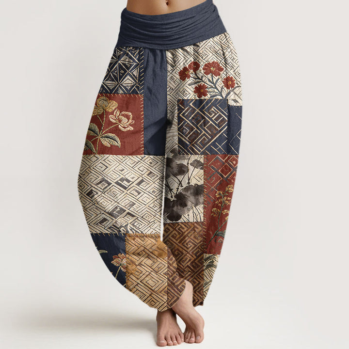 Buddha Stones Pantaloni harem da donna con elastico in vita e motivo geometrico floreale in cotone color block - Blu notte - US16, UK/AU20, EU48 (3XL) - image 0