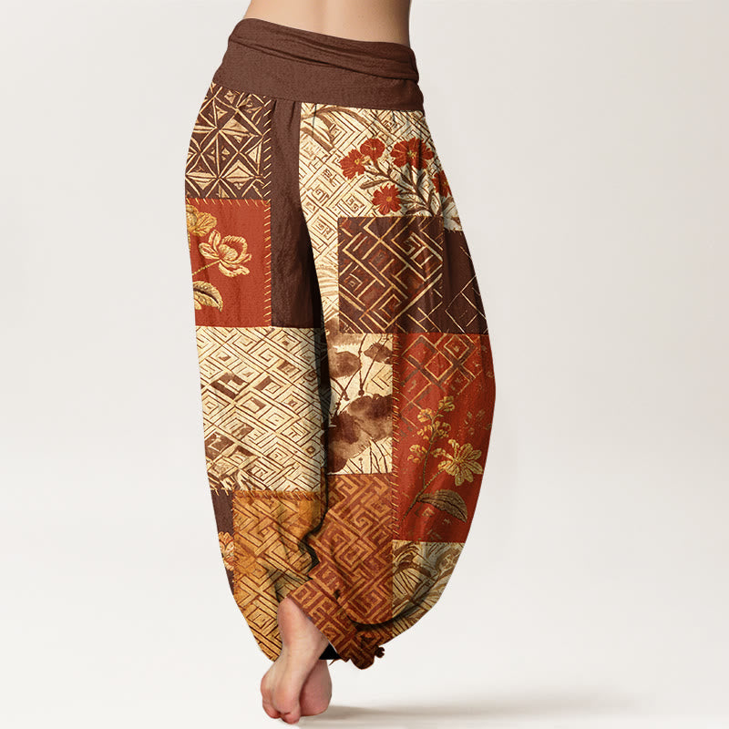 Buddha Stones Pantaloni harem da donna con elastico in vita e motivo geometrico floreale in cotone color block - image 6