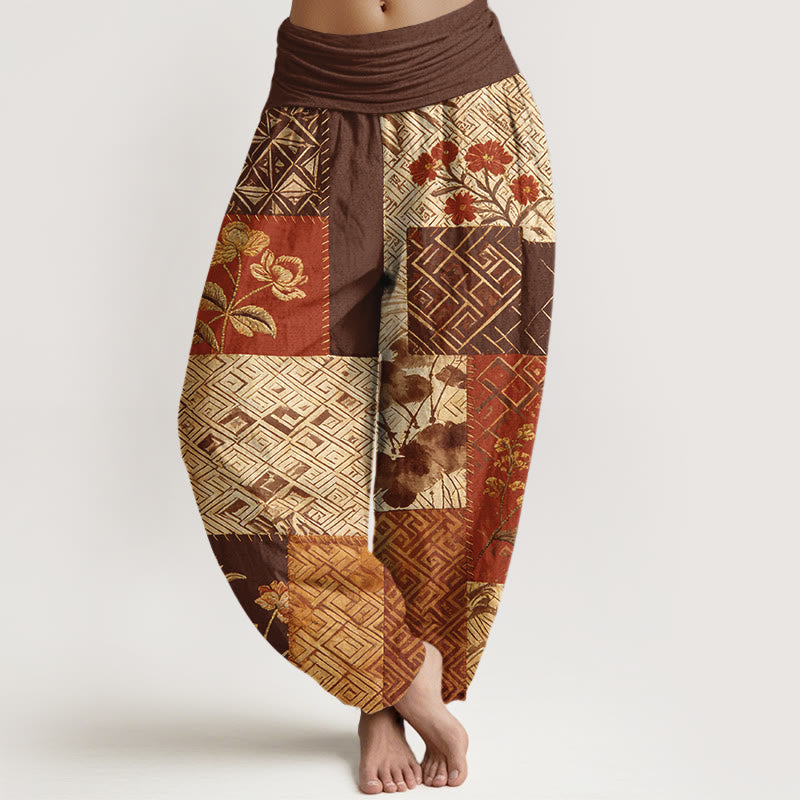 Buddha Stones Pantaloni harem da donna con elastico in vita e motivo geometrico floreale in cotone color block - Marrone - US16, UK/AU20, EU48 (3XL) - image 5