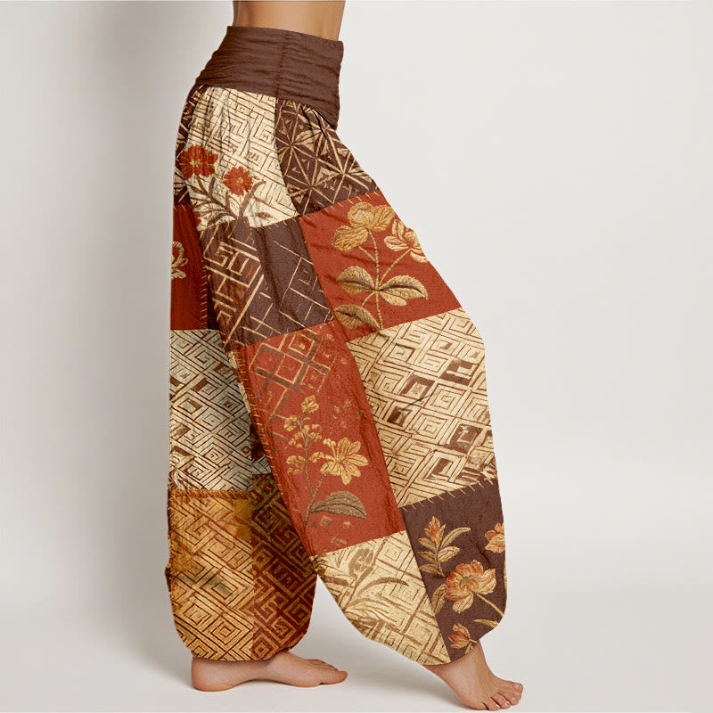 Buddha Stones Pantaloni harem da donna con elastico in vita e motivo geometrico floreale in cotone color block - image 7