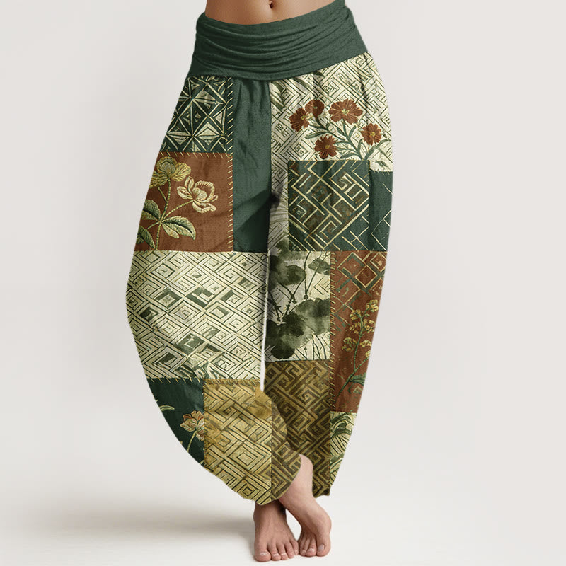 Buddha Stones Pantaloni harem da donna con elastico in vita e motivo geometrico floreale in cotone color block - Verde scuro - US16, UK/AU20, EU48 (3XL) - image 8