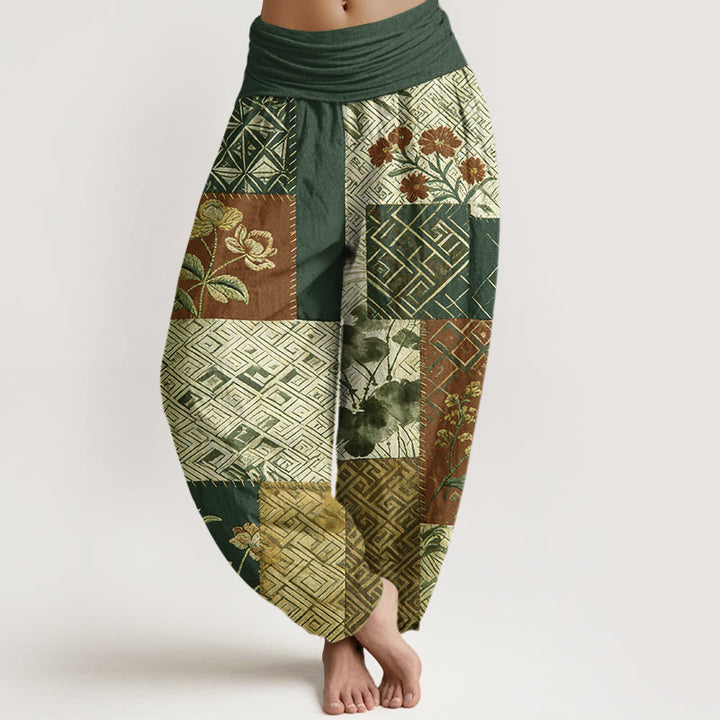 Buddha Stones Pantaloni harem da donna con elastico in vita e motivo geometrico floreale in cotone color block - Verde scuro - US16, UK/AU20, EU48 (3XL) - image 8