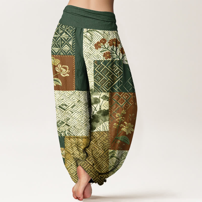 Buddha Stones Pantaloni harem da donna con elastico in vita e motivo geometrico floreale in cotone color block - image 9