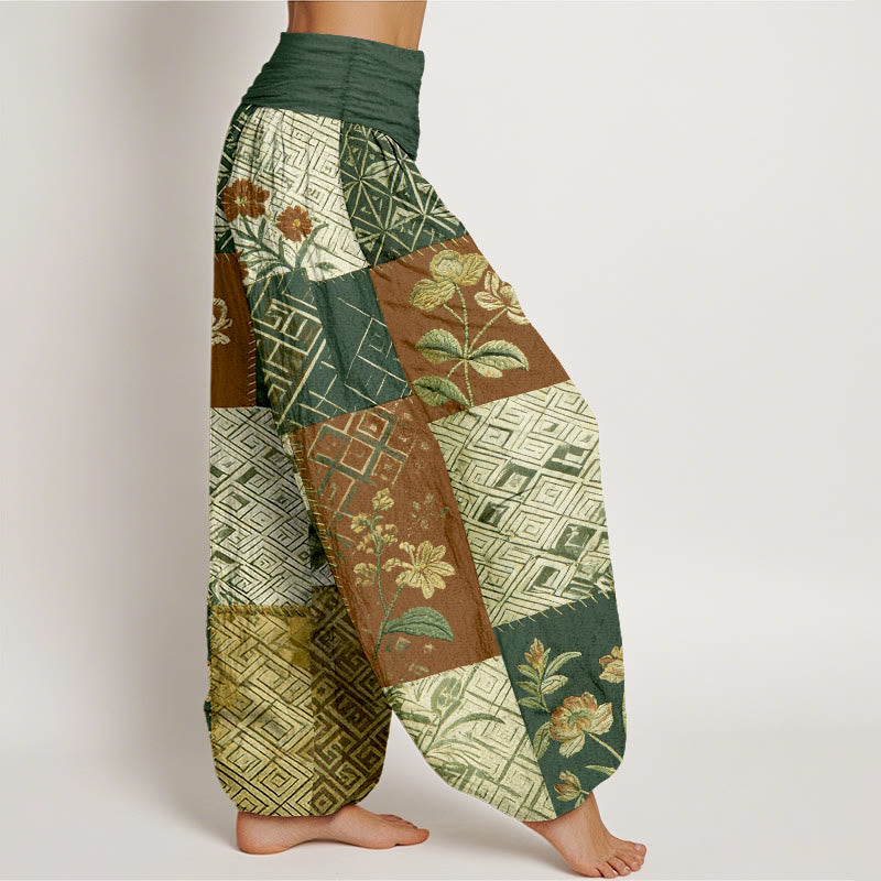 Buddha Stones Pantaloni harem da donna con elastico in vita e motivo geometrico floreale in cotone color block - image 10