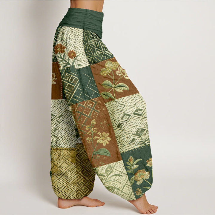Buddha Stones Pantaloni harem da donna con elastico in vita e motivo geometrico floreale in cotone color block - image 10