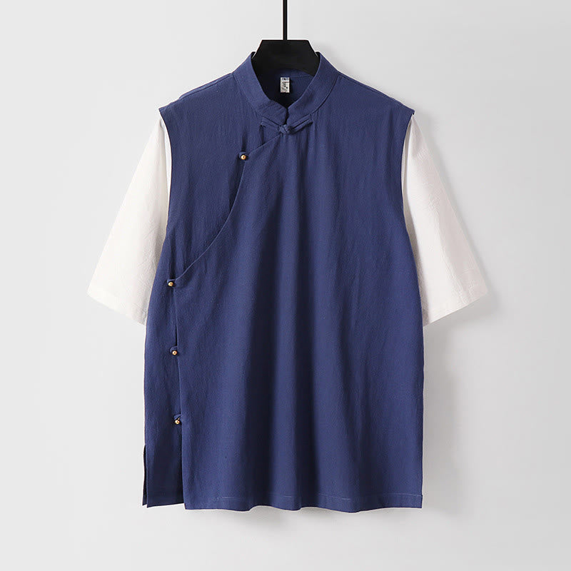 Buddha Stones Camicia da uomo in cotone con colletto alla coreana, maniche corte, bottoni a rana, 2 in 1, a righe, estiva - Blu scuro - US/UK/AU54, EU64 (9XL) - image 14