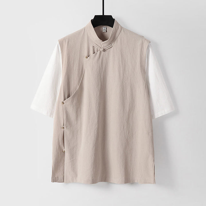 Buddha Stones Camicia da uomo in cotone con colletto alla coreana, maniche corte, bottoni a rana, 2 in 1, a righe, estiva - Mandorla sbiancata - US/UK/AU54, EU64 (9XL) - image 6