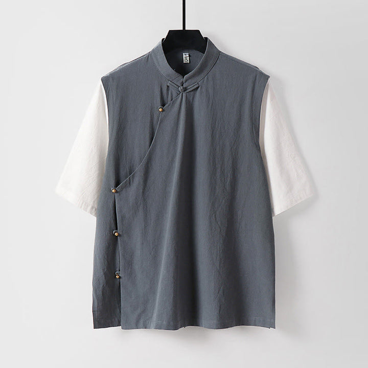 Buddha Stones Camicia da uomo in cotone con colletto alla coreana, maniche corte, bottoni a rana, 2 in 1, a righe, estiva - Grigio - US/UK/AU54, EU64 (9XL) - image 0