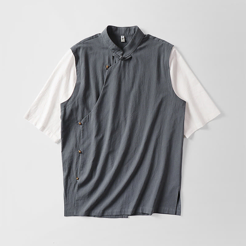 Buddha Stones Camicia da uomo in cotone con colletto alla coreana, maniche corte, bottoni a rana, 2 in 1, a righe, estiva - image 1