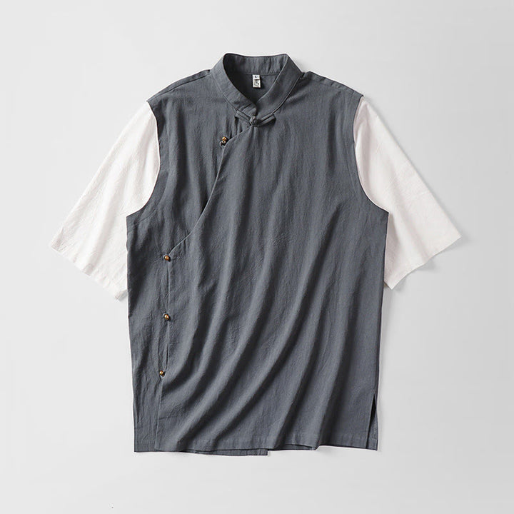 Buddha Stones Camicia da uomo in cotone con colletto alla coreana, maniche corte, bottoni a rana, 2 in 1, a righe, estiva - image 1