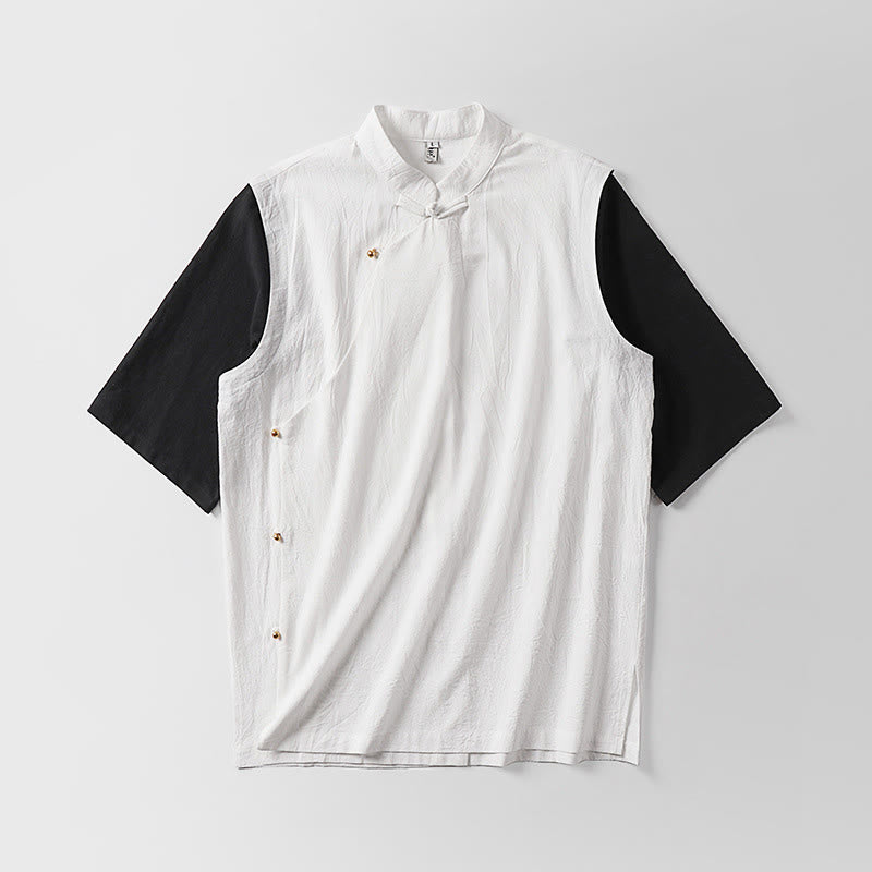 Buddha Stones Camicia da uomo in cotone con colletto alla coreana, maniche corte, bottoni a rana, 2 in 1, a righe, estiva - image 3