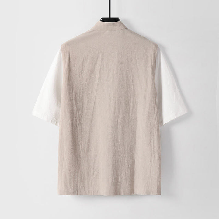 Buddha Stones Camicia da uomo in cotone con colletto alla coreana, maniche corte, bottoni a rana, 2 in 1, a righe, estiva - image 8