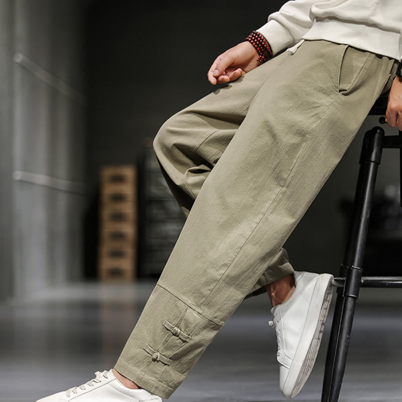 Buddha Stones Pantaloni da uomo in cotone con coulisse elastica in vita, bottoni a rana, lunghezza alla caviglia e tasche - Cachi scuro - US/UK/AU46, EU56 (5XL) - image 0