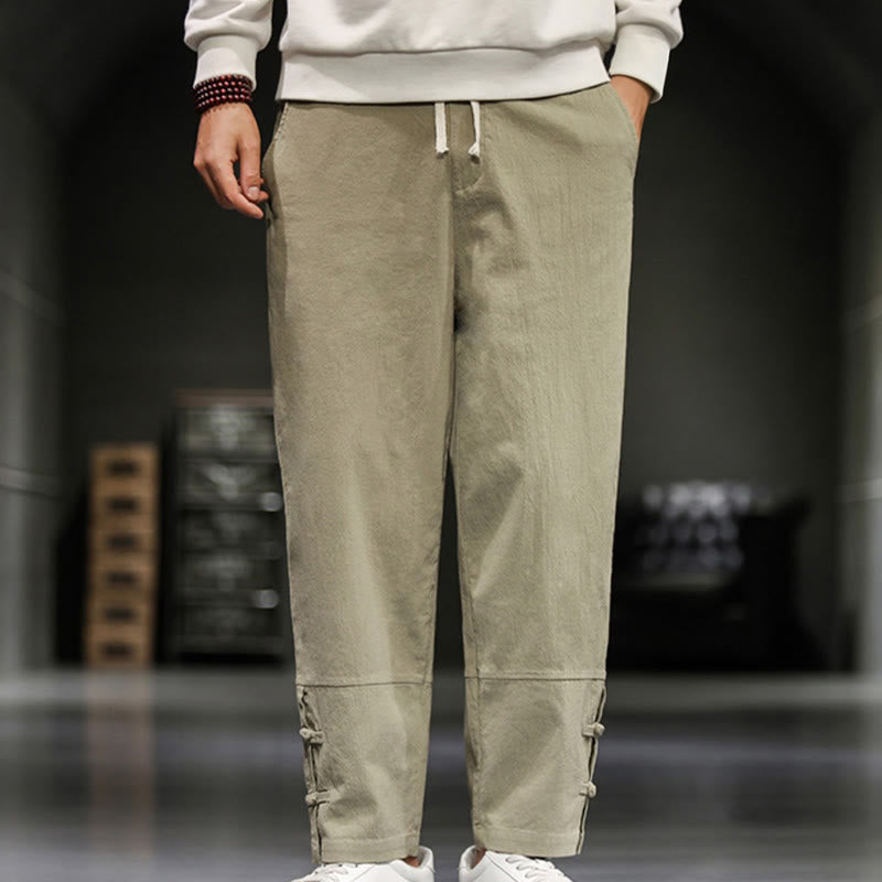 Buddha Stones Pantaloni da uomo in cotone con coulisse elastica in vita, bottoni a rana, lunghezza alla caviglia e tasche - image 1