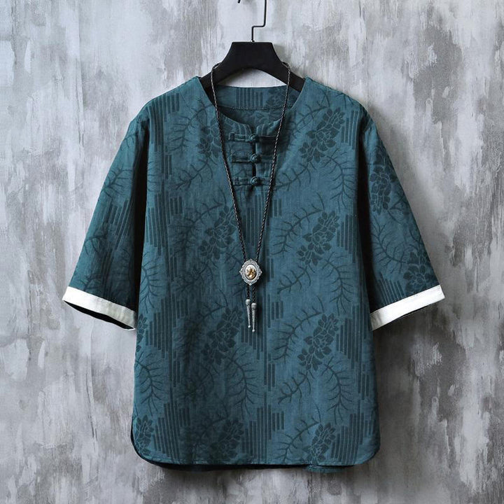 Buddha Stones Camicia da uomo in cotone a mezza manica con bottoni a rana e motivo floreale estivo - Verde acqua - US/UK/AU48, EU58 (6XL) - image 0