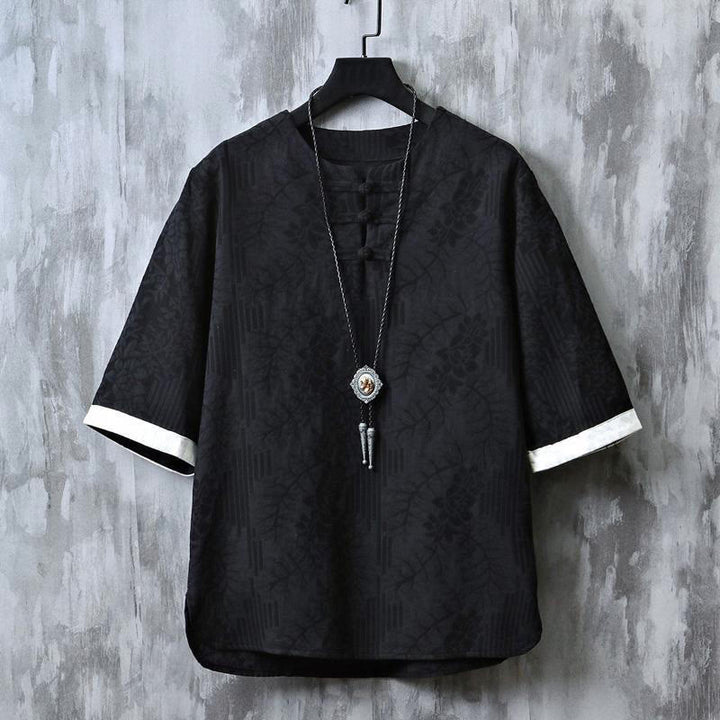 Buddha Stones Camicia da uomo in cotone a mezza manica con bottoni a rana e motivo floreale estivo - Nero - US/UK/AU48, EU58 (6XL) - image 10