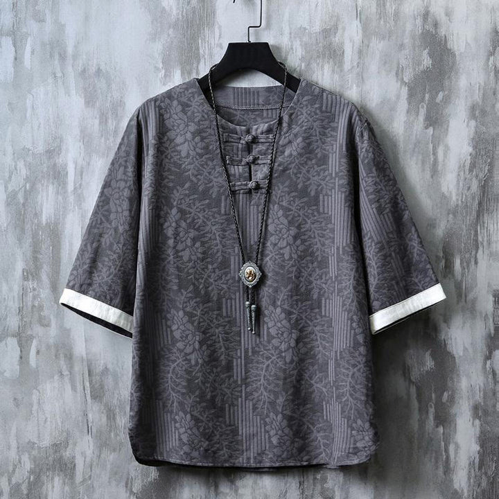 Buddha Stones Camicia da uomo in cotone a mezza manica con bottoni a rana e motivo floreale estivo - Grigio - US/UK/AU48, EU58 (6XL) - image 3