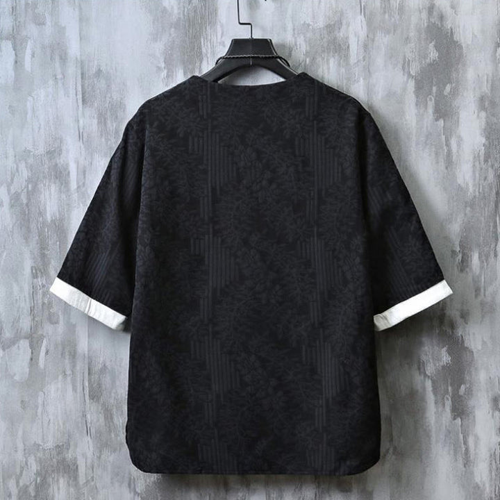 Buddha Stones Camicia da uomo in cotone a mezza manica con bottoni a rana e motivo floreale estivo - image 11