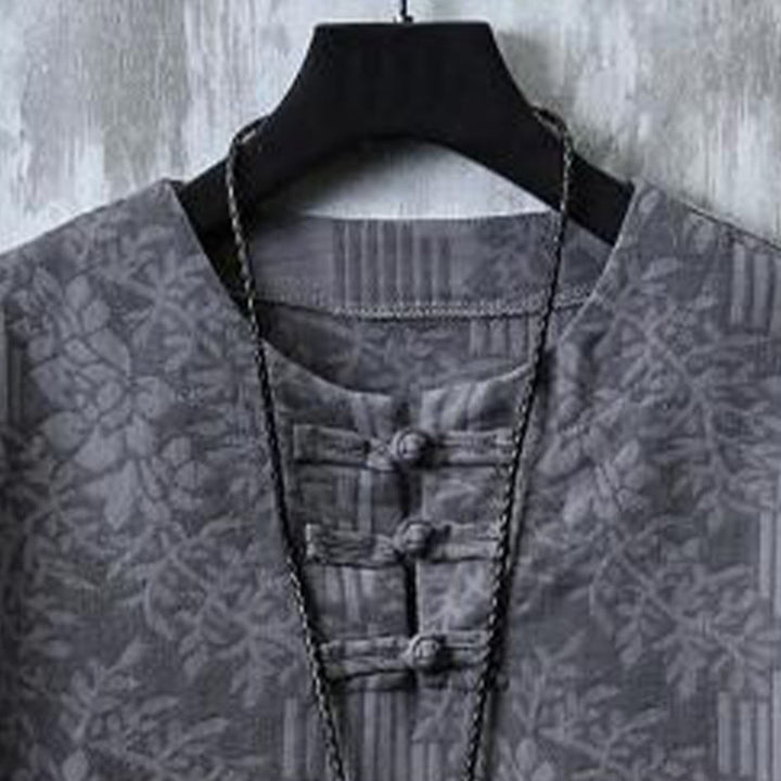 Buddha Stones Camicia da uomo in cotone a mezza manica con bottoni a rana e motivo floreale estivo - image 5