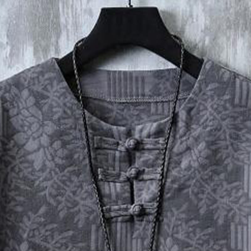 Buddha Stones Camicia da uomo in cotone a mezza manica con bottoni a rana e motivo floreale estivo - image 5