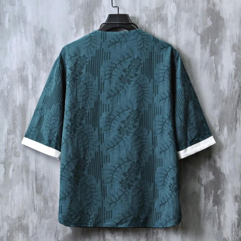 Buddha Stones Camicia da uomo in cotone a mezza manica con bottoni a rana e motivo floreale estivo - image 1