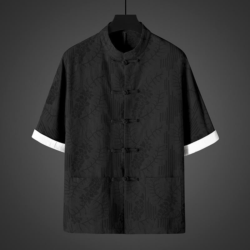Buddha Stones Camicia da uomo in cotone con motivo floreale e maniche corte con bottoni a rana - Nero - US/UK/AU46, EU56 (5XL) - image 2