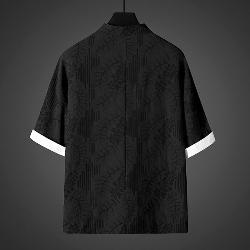 Buddha Stones Camicia da uomo in cotone con motivo floreale e maniche corte con bottoni a rana - image 3