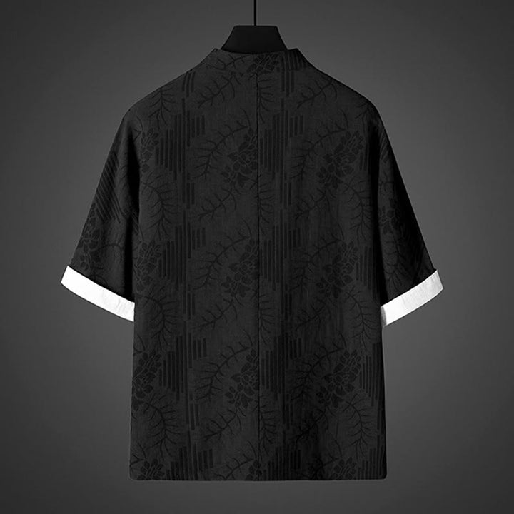Buddha Stones Camicia da uomo in cotone con motivo floreale e maniche corte con bottoni a rana - image 3